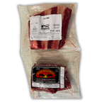 Two packages of elk ribs, showing the front and back of packaging.