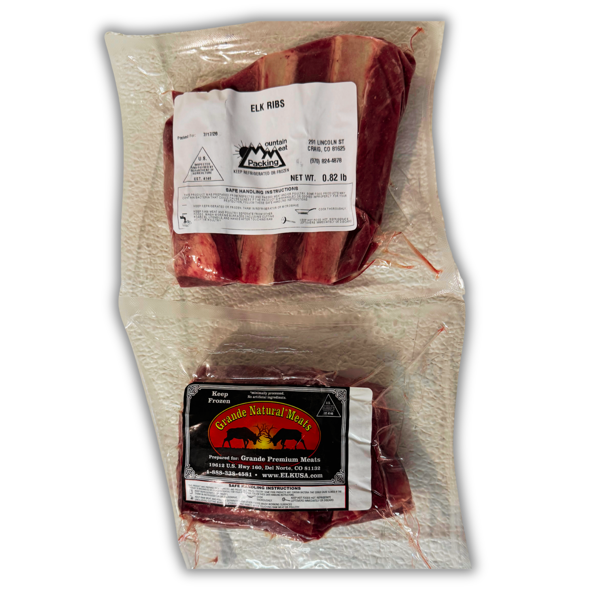 Two packages of elk ribs, showing the front and back of packaging.